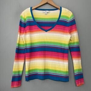 Tommy Hilfiger Y2K Size Petite Large Rainbow Stripe Ribbed Knit Sweater Dopamine